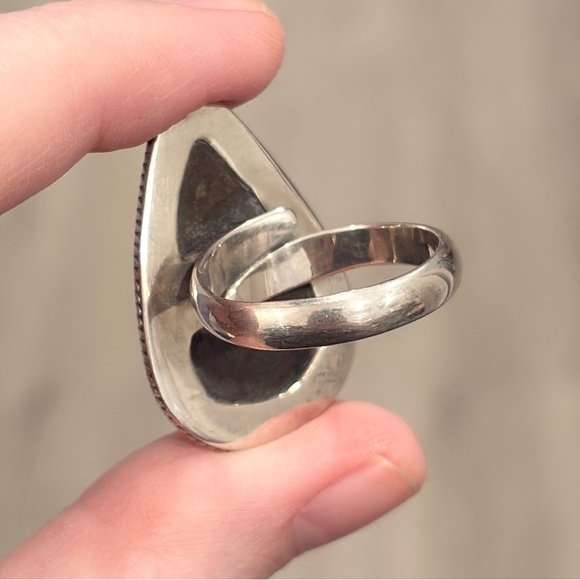 Vintage Sterling Large Blue Ammolite Ring, Triangle Doublet Adjustable Band